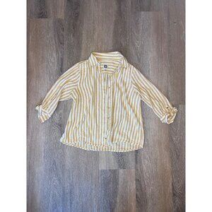 Anne Klein Womens Mustard & White Striped Button-Up Linen Shirt PL Roll-Tab Slee